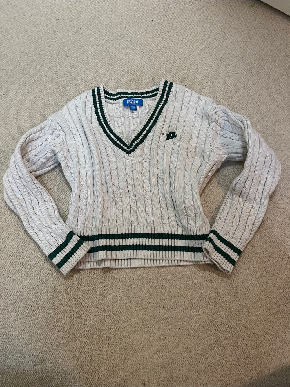 Prince Ivory Cable-Knit V-Neck Sweater with Green Trim